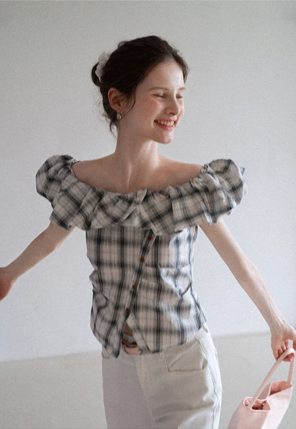 Off-Shoulder Plaid Ruffle Top