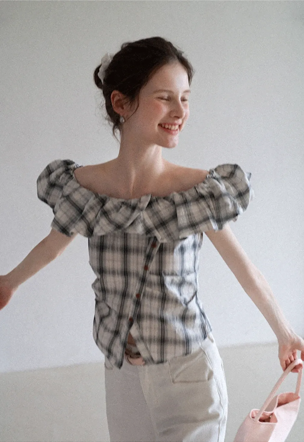 Off-Shoulder Plaid Ruffle Top