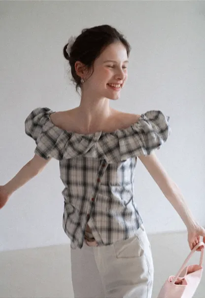 Off-Shoulder Plaid Ruffle Top