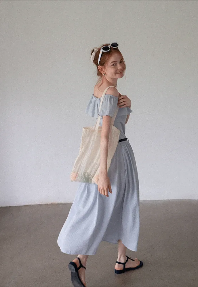 Women’s Off-Shoulder Ruffle Belted Midi Dress