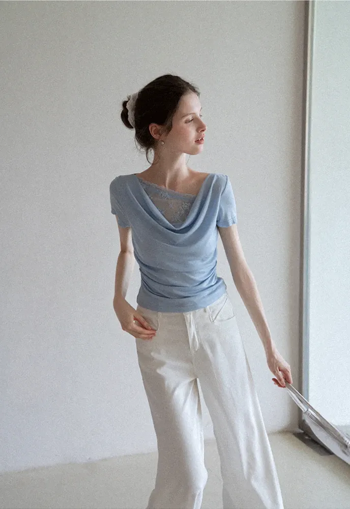 Women’s Cowl Neck Lace-Back Ruched Tee