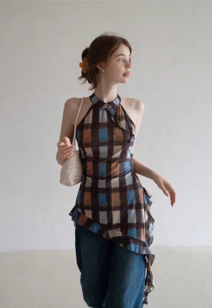 Women’s Plaid Frog-Button Handkerchief-Hem Halter Top