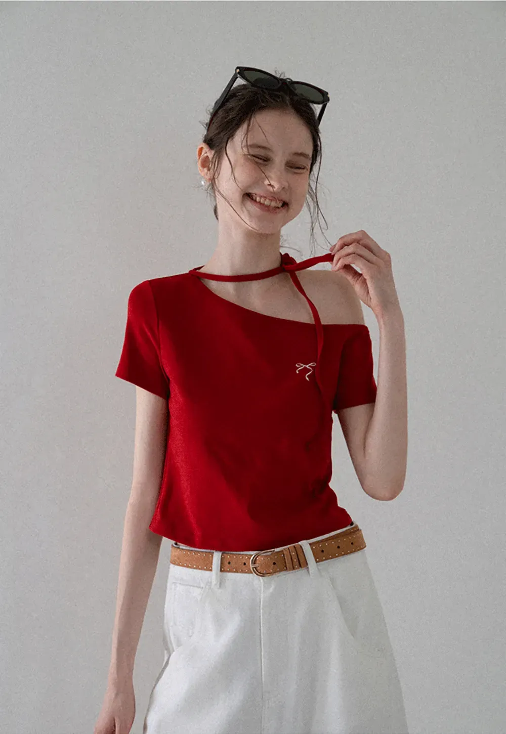 Asymmetric Tie Neck T-Shirt