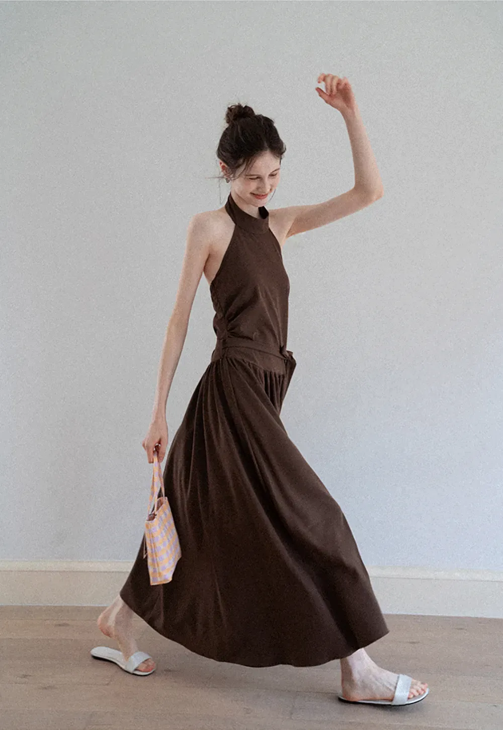 Halter Neck Midi Dress with Waist Tie
