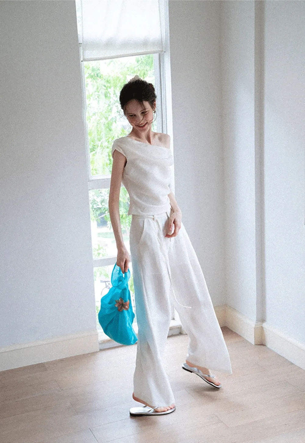 Off-Shoulder Fold-over Top + Pleated Tie-Waist Trousers