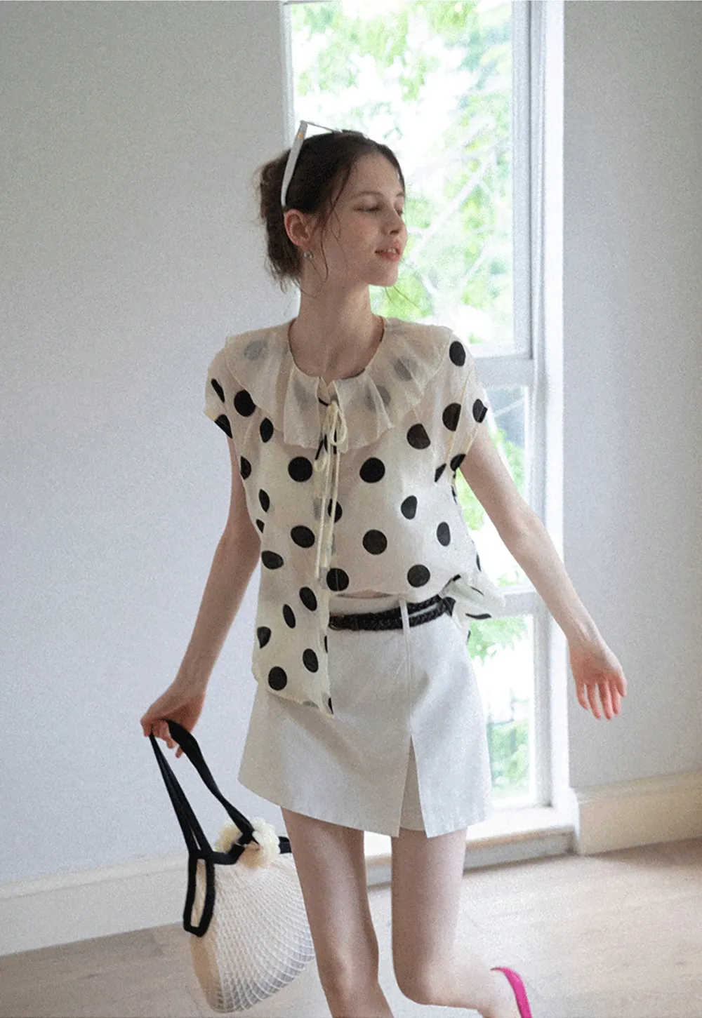Ruffle-Neck Polka Blouse