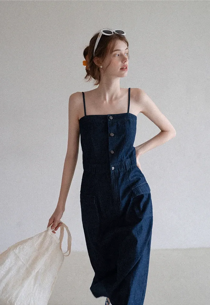 Button-Front Cargo Pocket Denim Dress