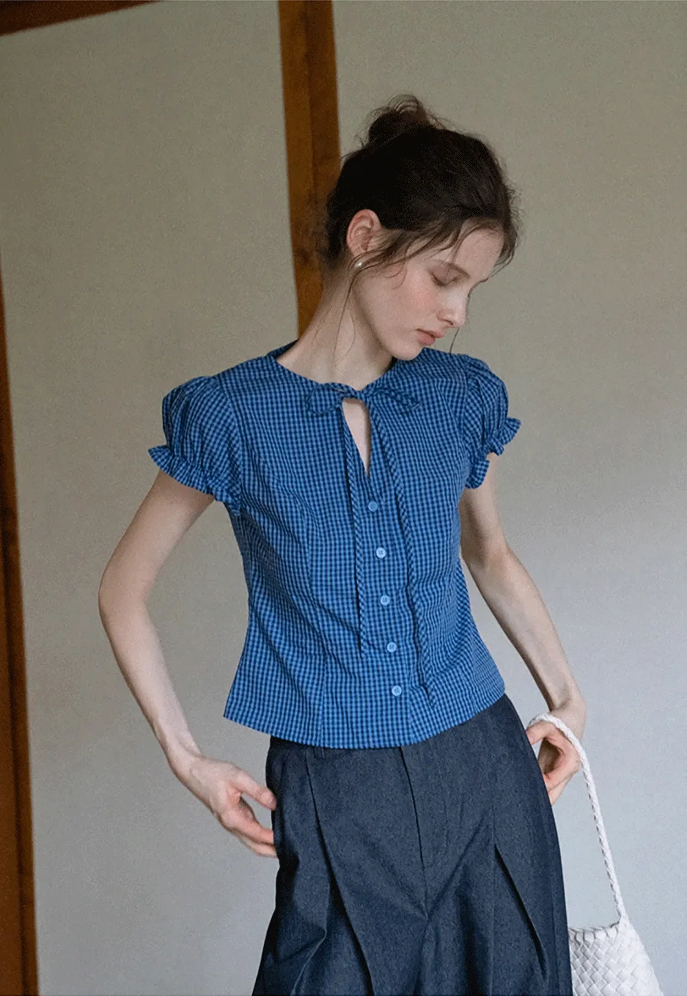 Gingham Puff Sleeve Blouse with Tie Neck