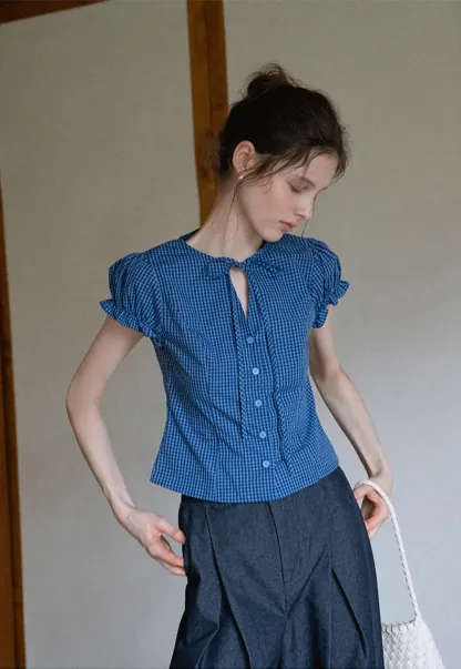 Gingham Puff Sleeve Blouse with Tie Neck