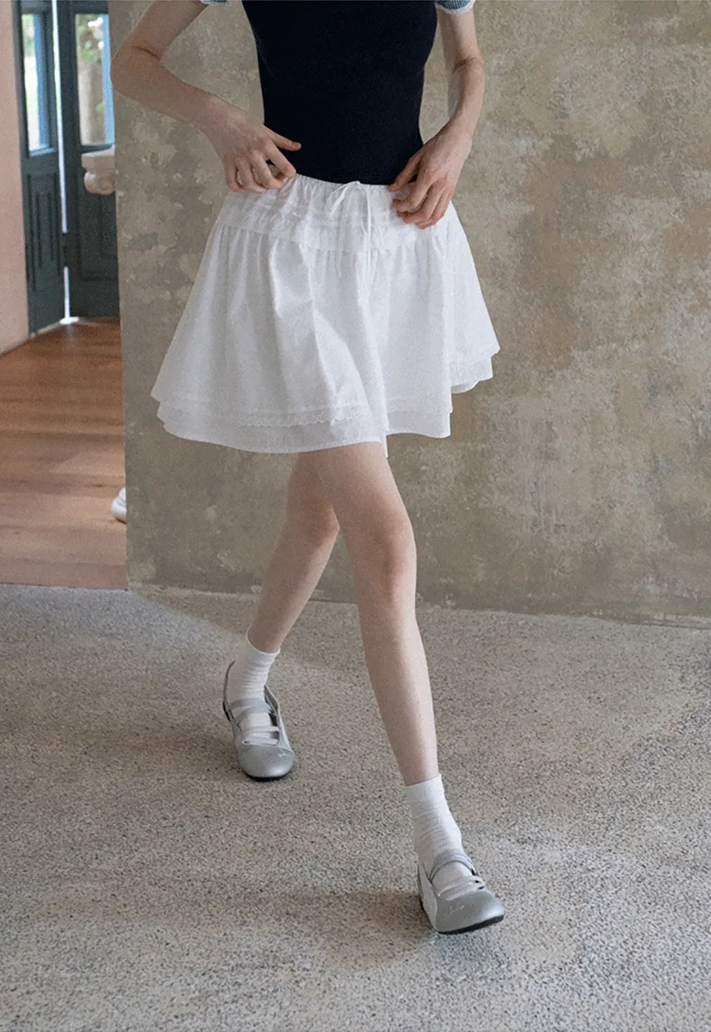 Women Drawstring Waist Layered Lace Trim Mini Skirt