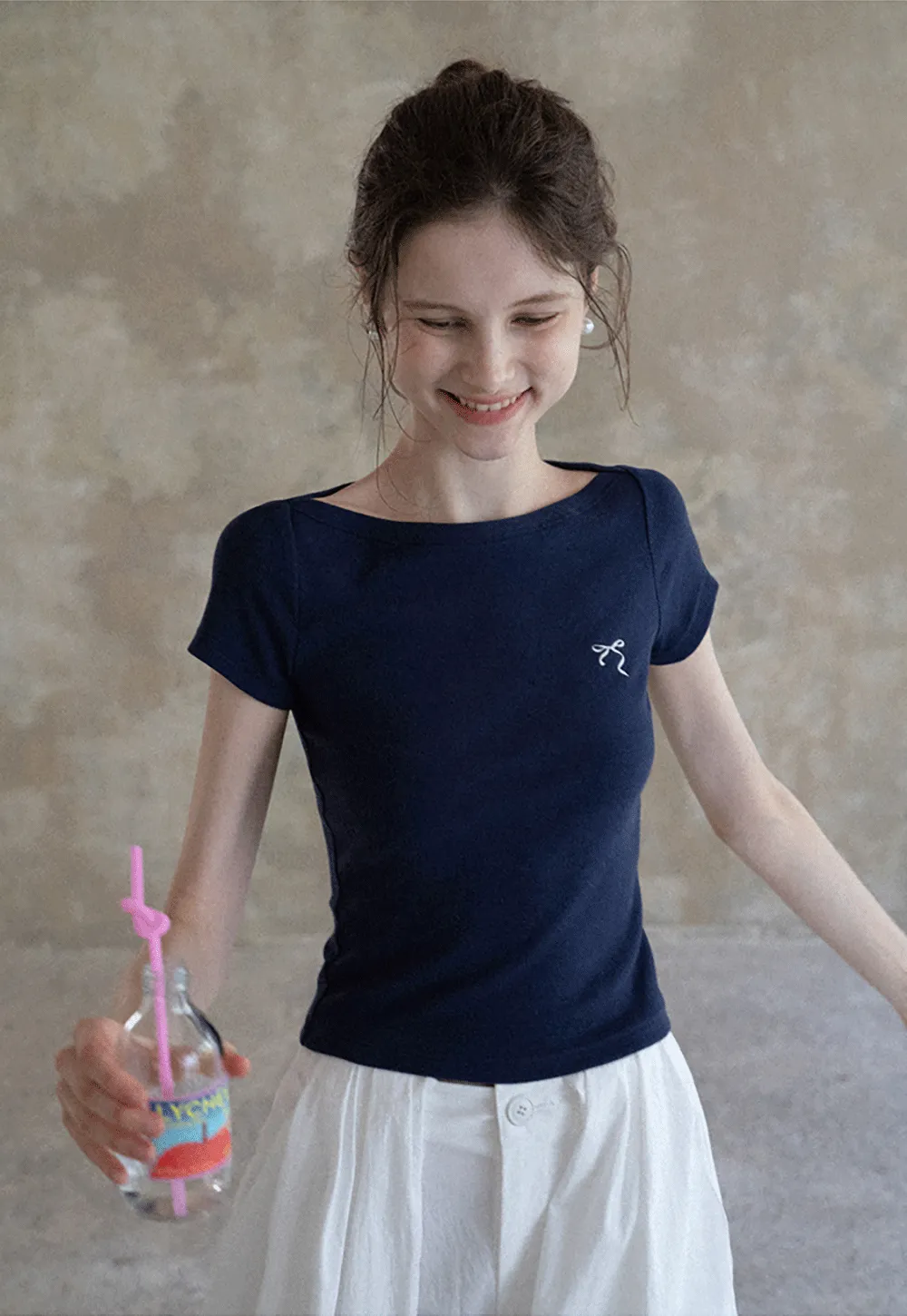 Women's Boat Neck Ribbed Tee with Embroidered Bow