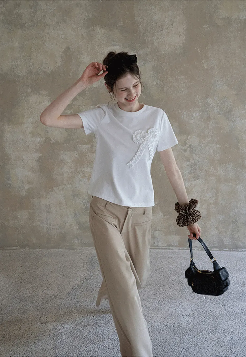 Women's Ruffled Bow Appliqué Cotton T-Shirt