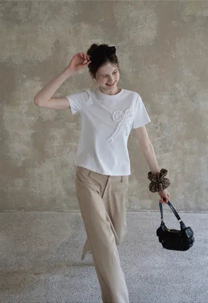 Women's Ruffled Bow Appliqué Cotton T-Shirt