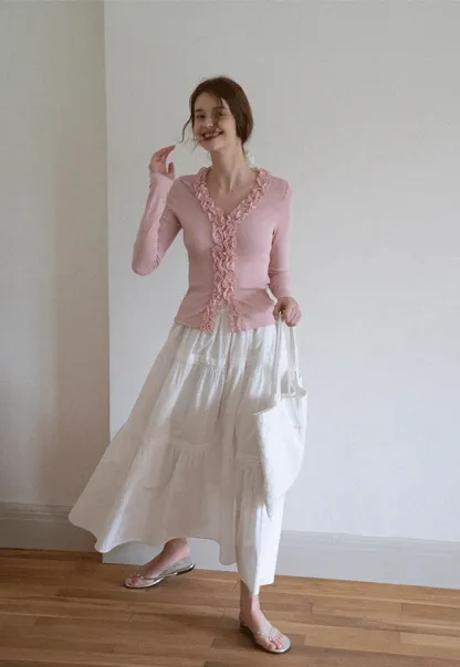 Women's Ruffle Trim V-Neck Long Sleeve Tee