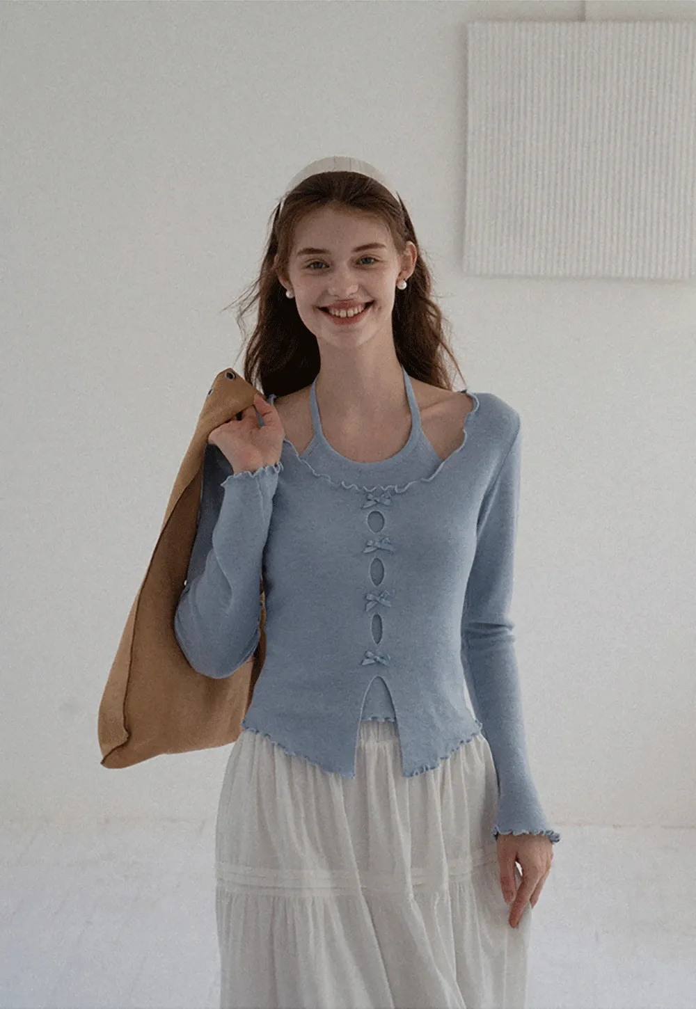 Women Long Sleeve Bow Front Split Hem Lettuce Trim Knit Top