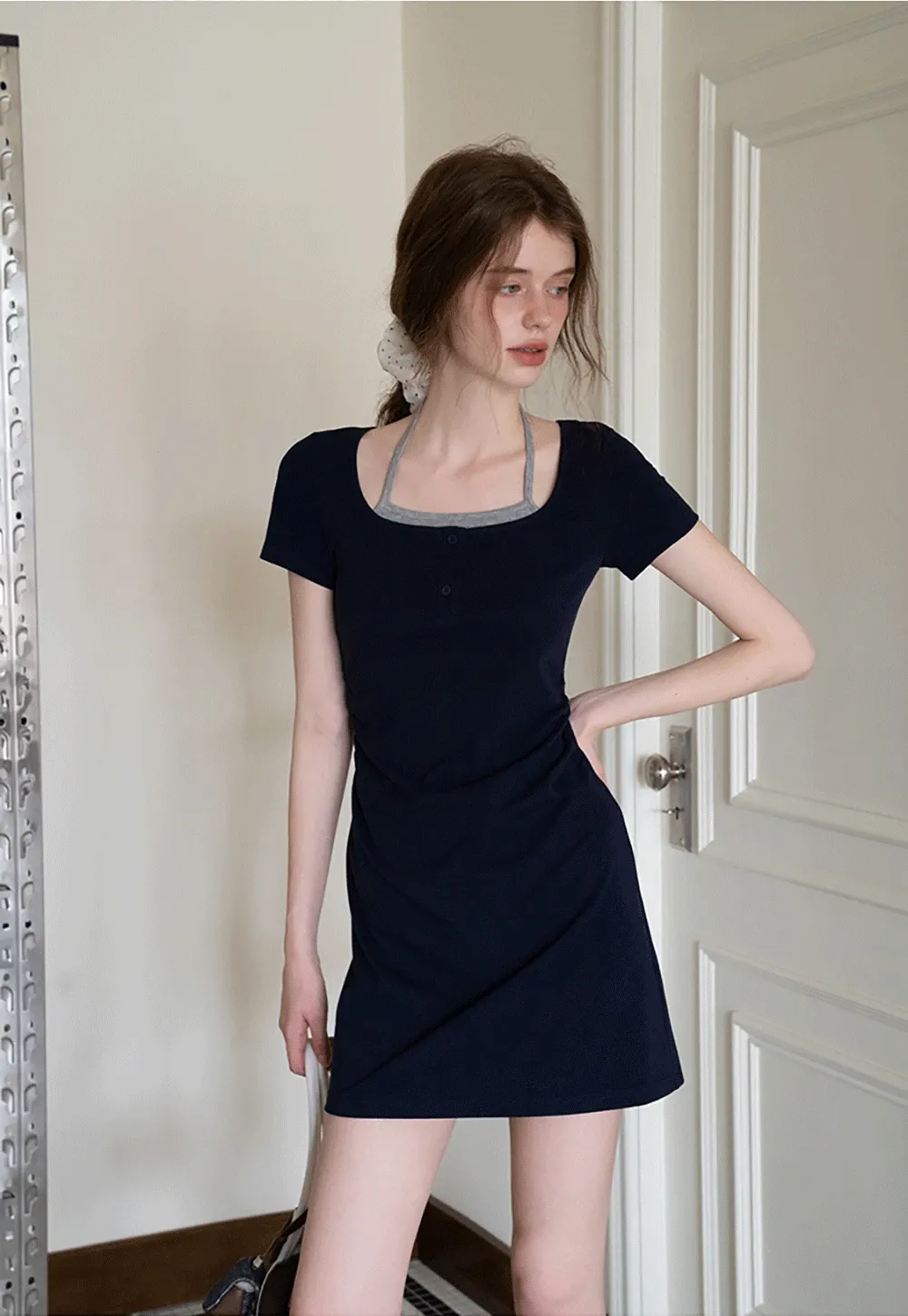 Women's Square Neck Halter Mini Dress with Ruched Waist