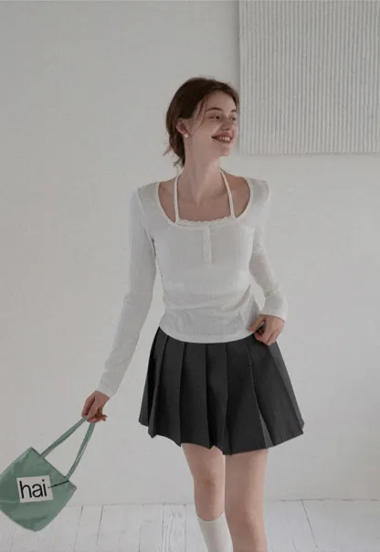 Long Sleeve Square Neck Halter Crop Top