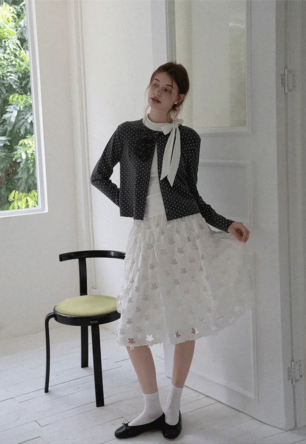 Polka Dot Ruffle Button-Up Cardigan