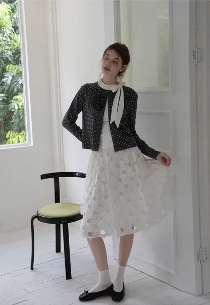 Polka Dot Ruffle Button-Up Cardigan