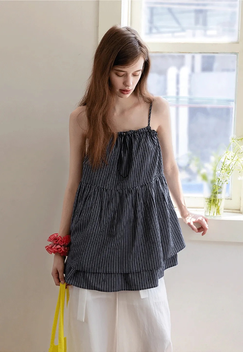 Striped Spaghetti Strap Ruffled Peplum Top