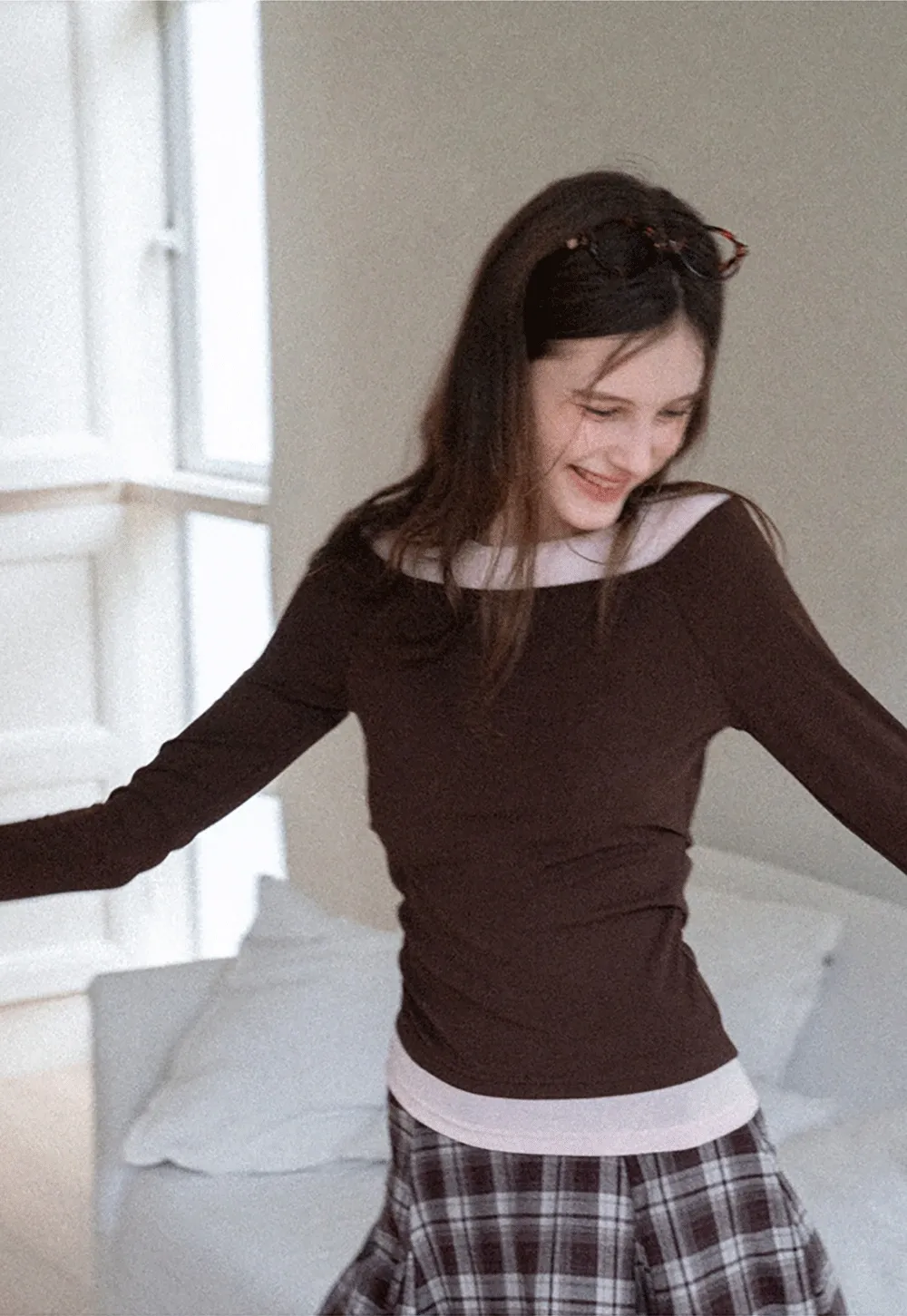 Women's Layered Boat Neck Long Sleeve Top