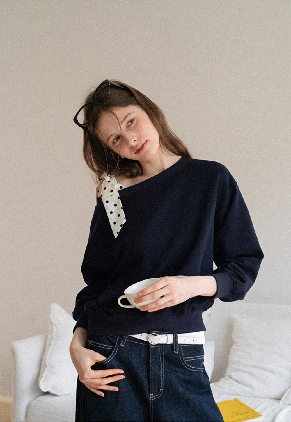 Womens Tie-Front Loose One-Shoulder Sweatshirt