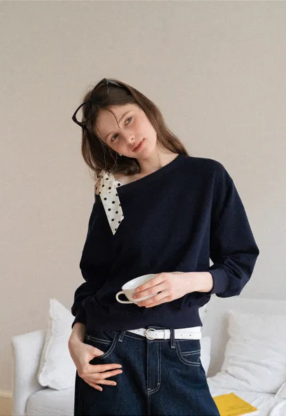 Womens Tie-Front Loose One-Shoulder Sweatshirt