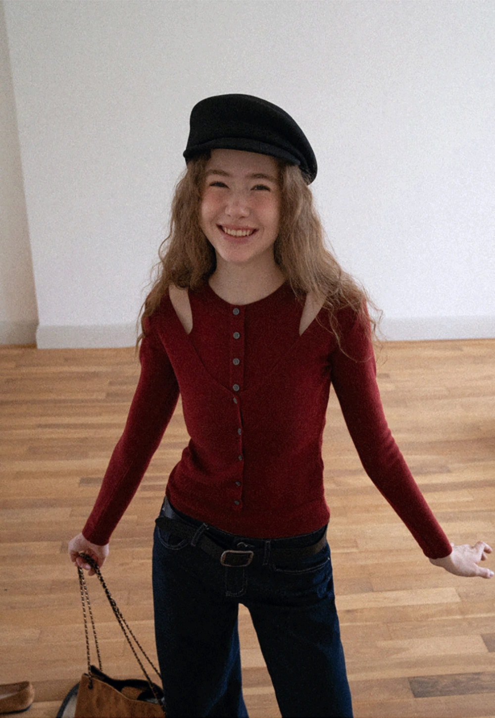 Cut-Out Button Long Sleeve Knit Top