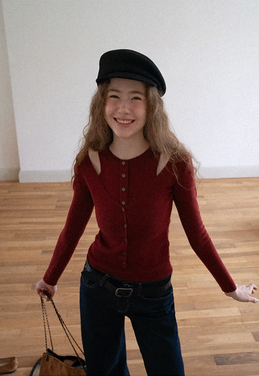 Cut-Out Button Long Sleeve Knit Top