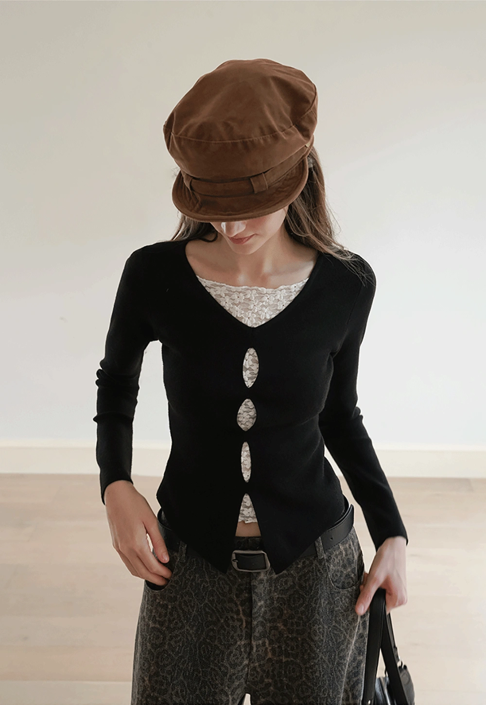 Black Long Sleeve V-Neck Cardigan with Lace Deta