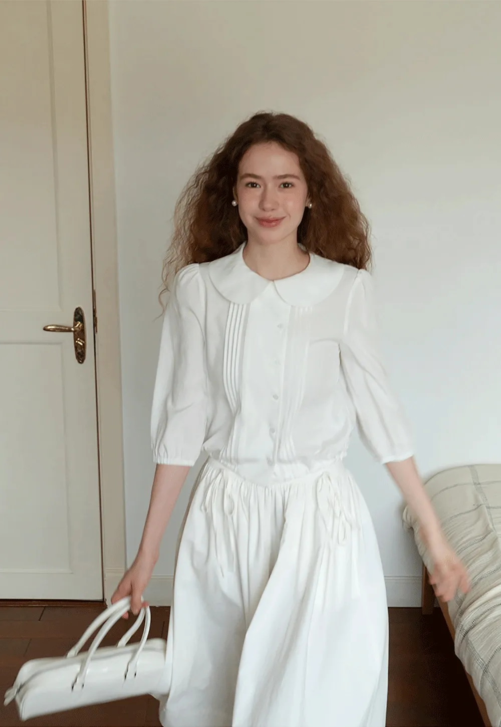 3/4 Sleeve Vintage White Shirt for Women