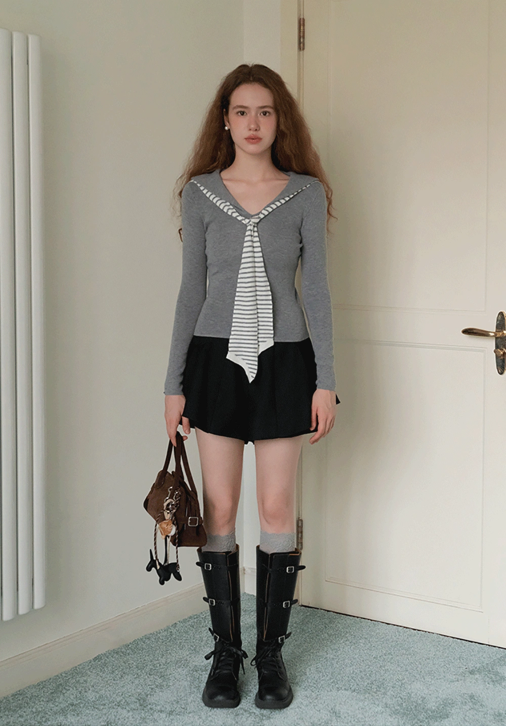Womens Sailor Collar Long Sleeve Knit Top with Tie