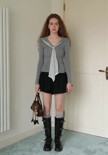 Womens Sailor Collar Long Sleeve Knit Top with Tie