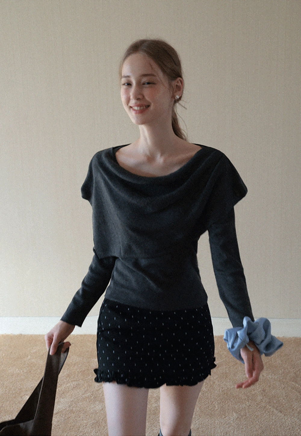 Womens Draped Cowl Neck Knit Top