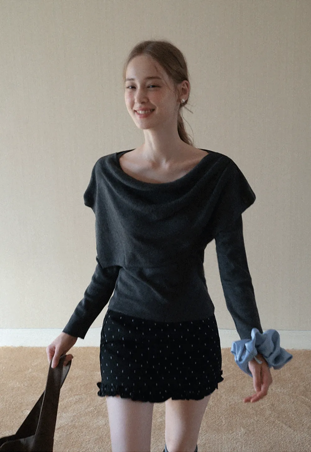 Womens Draped Cowl Neck Knit Top