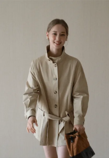 Womens Khaki High Neck Pleated Hem Trench Coat