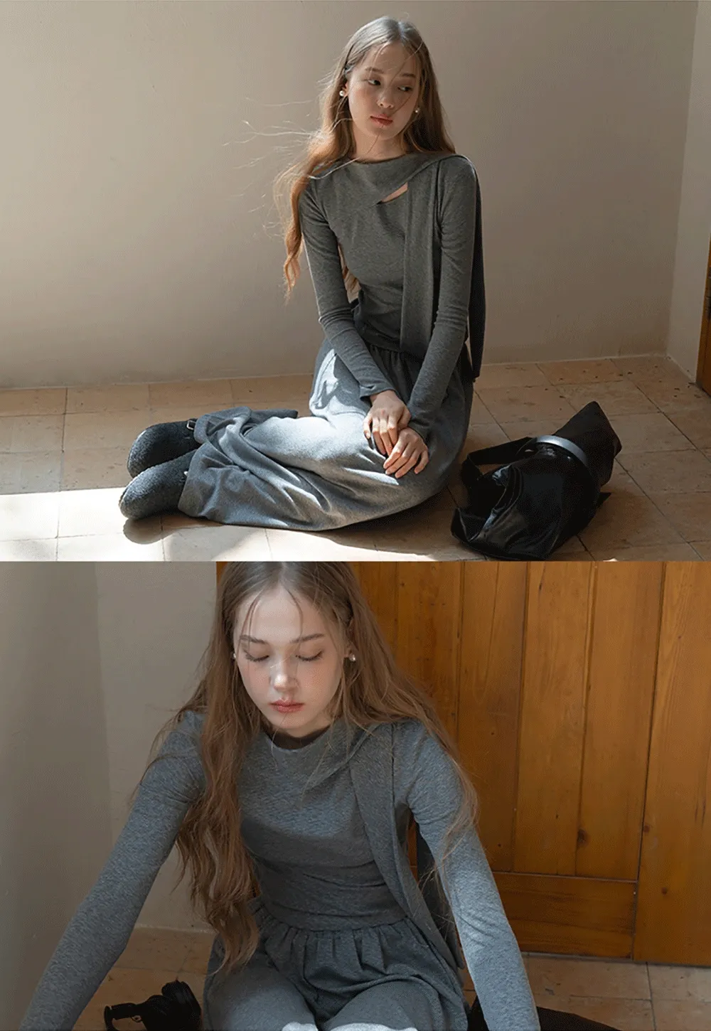 Relaxed Grey 2 Piece Outfit Long Sleeve Tee and Skirt