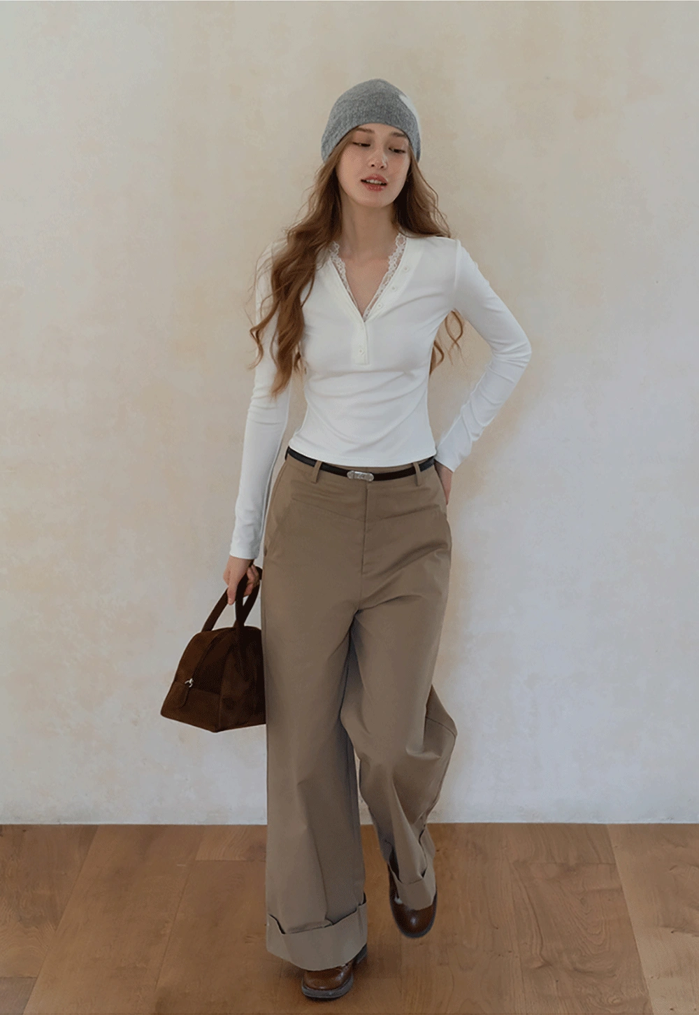 Womens White Lace Trim V Neck Long Sleeve Henley Top