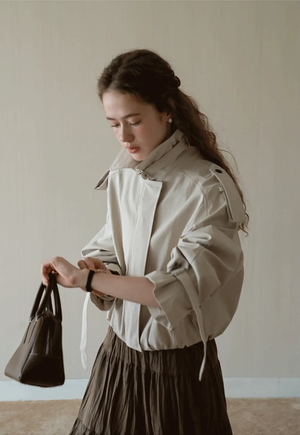 Womens Short Trench Coat Jacket with Belted Cuffs and Epaulets