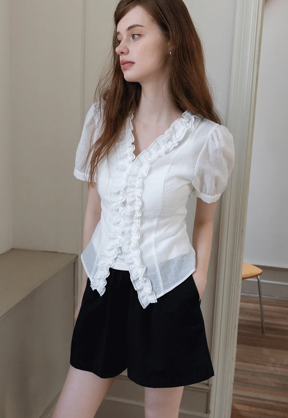 Women’s Ruffled V-neck Short Sleeve Blouse