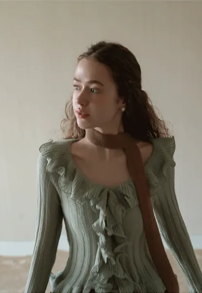 Womens Ruffle Hem Flared Sleeve Knit Top