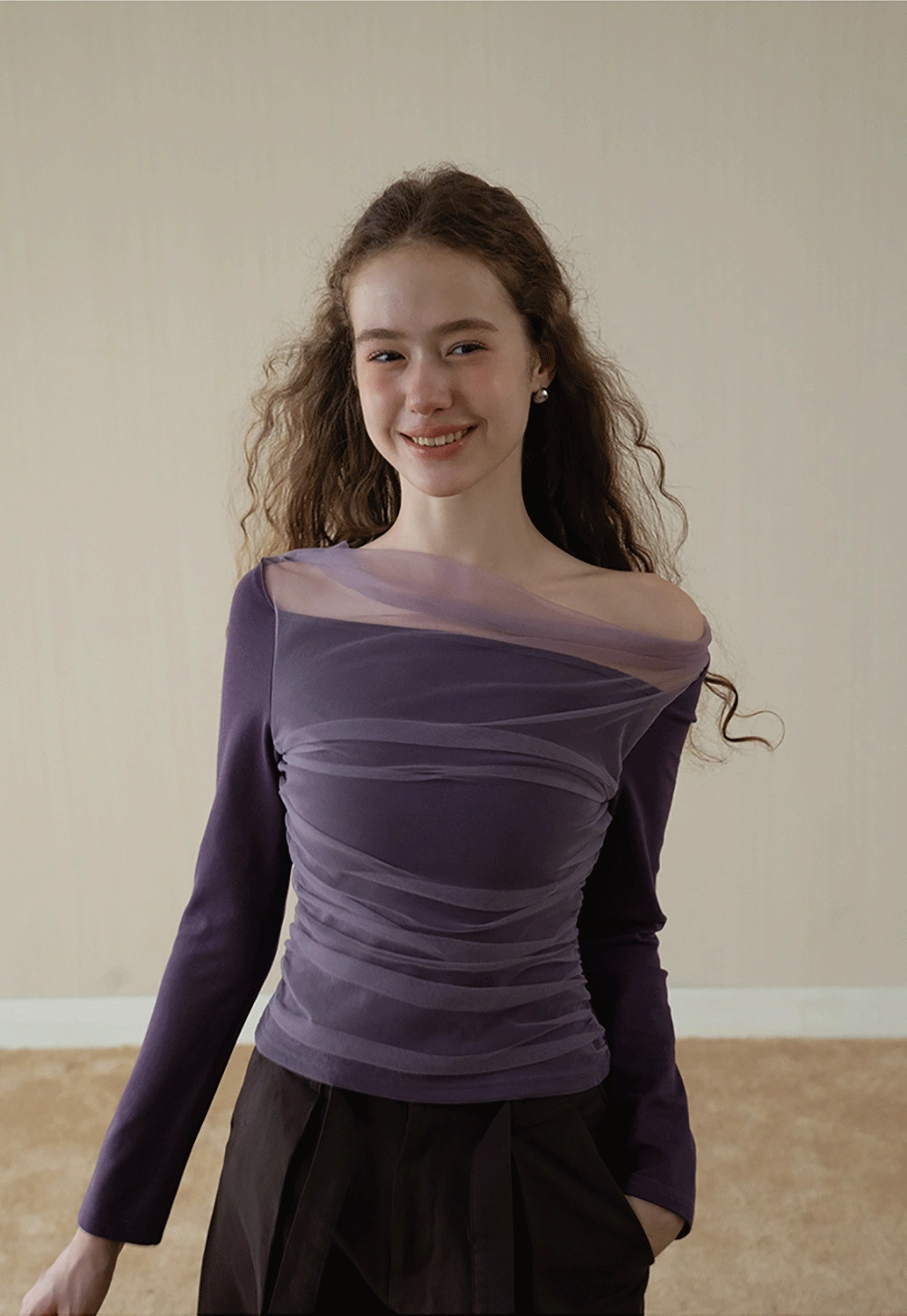 Women Mesh Patchwork Cowl Neck Top