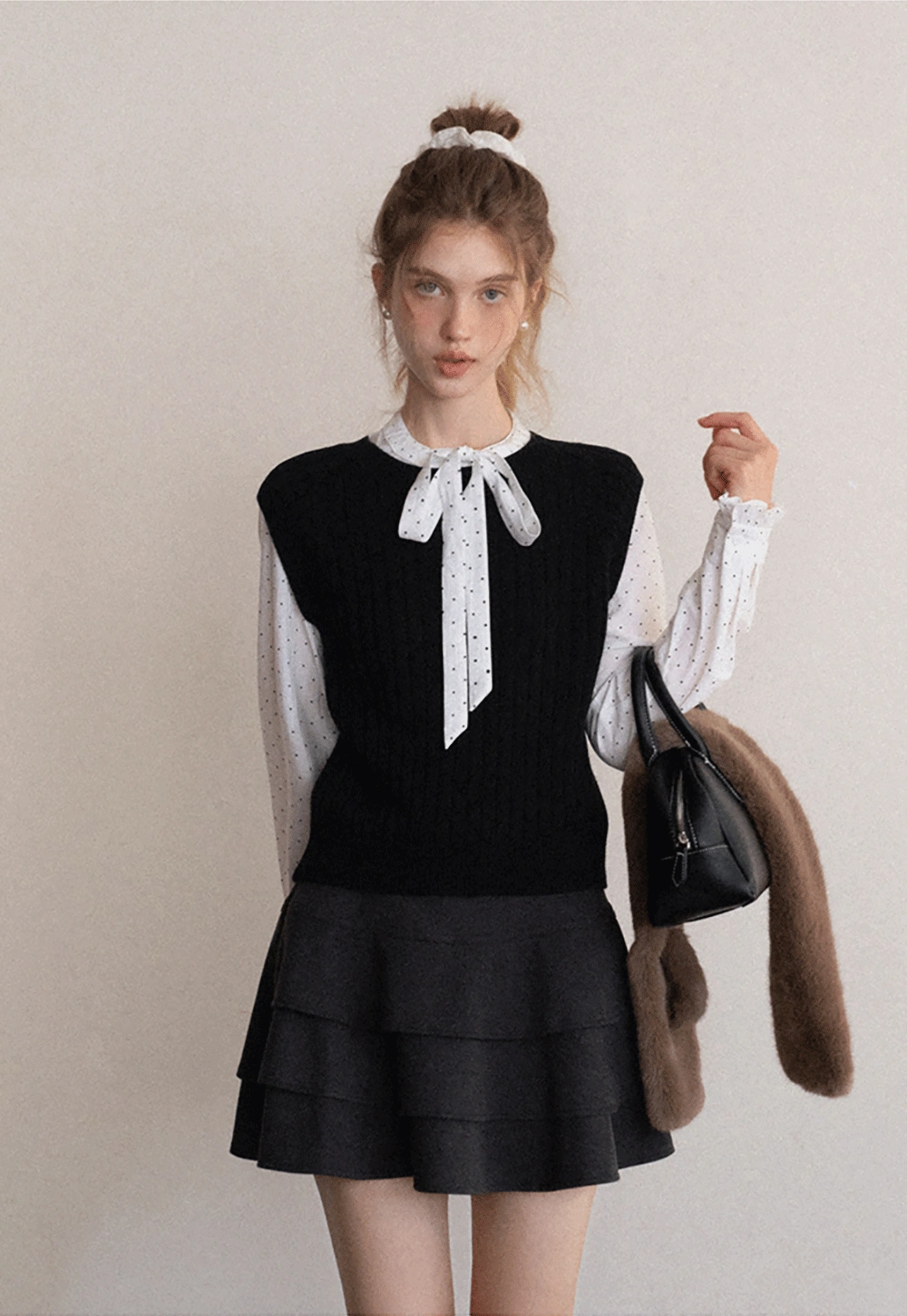 Womens Polka Dot Ruffle Trim Blouse with Bow Tie Neck