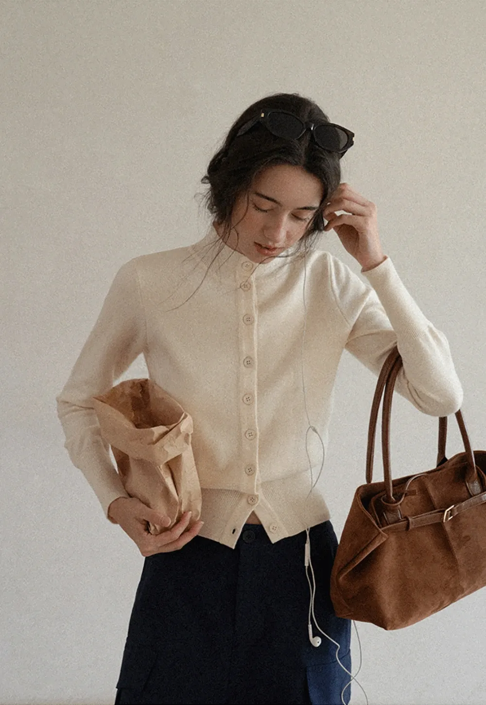 Mock Neck Button Up Knit Cardigan