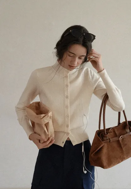 Mock Neck Button Up Knit Cardigan