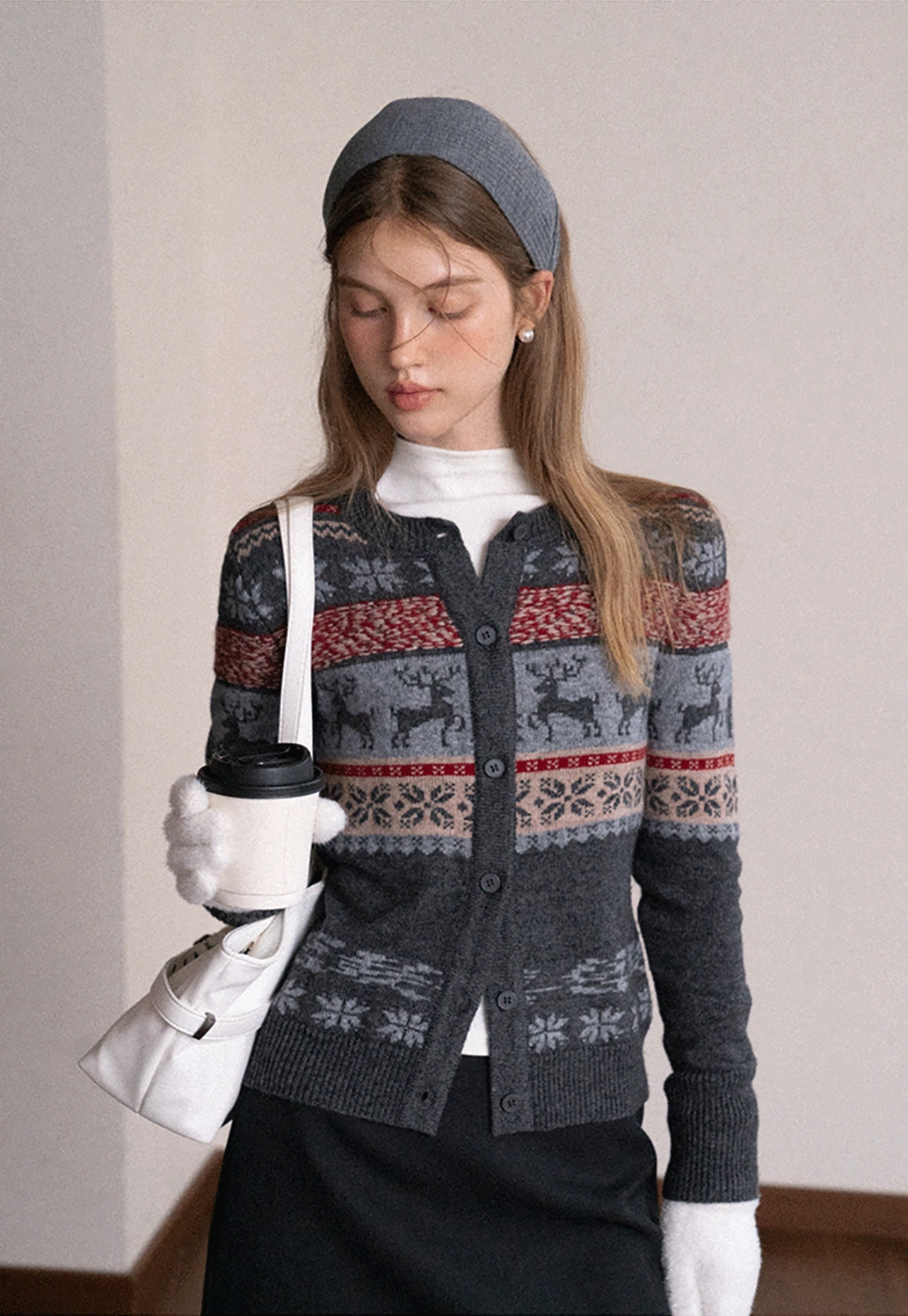 Reindeer Snowflake Pattern Knit Cardigan