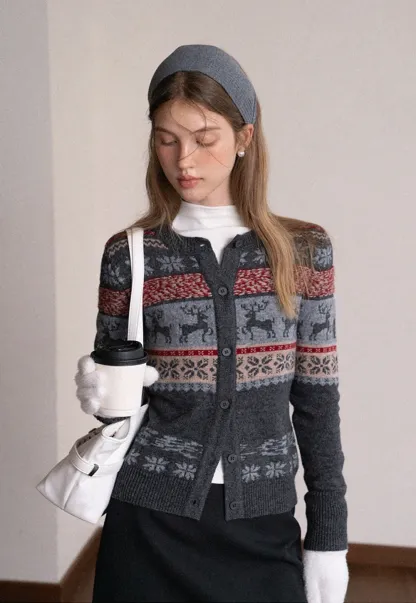 Reindeer Snowflake Pattern Knit Cardigan