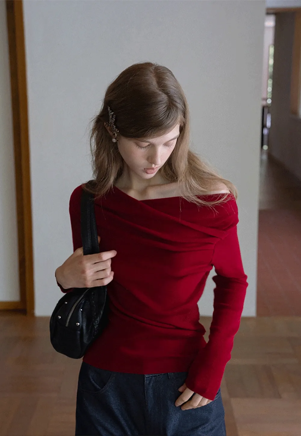 Womens Asymmetrical Draped Knit Top