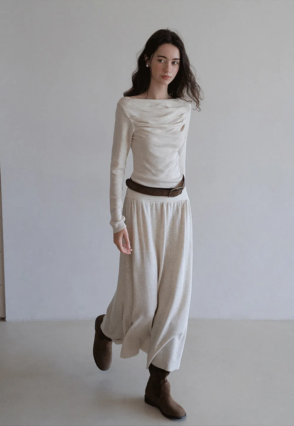 Draped Neck Top and Maxi Skirt Set