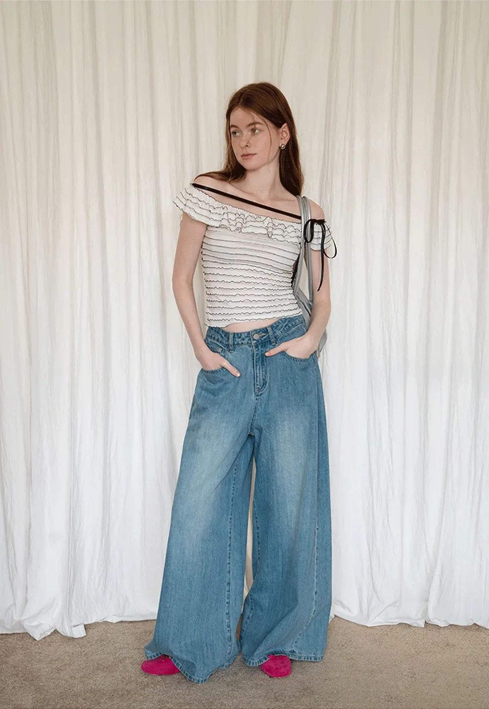 Women’s Off Shoulder Ruffle Trim Knit Top